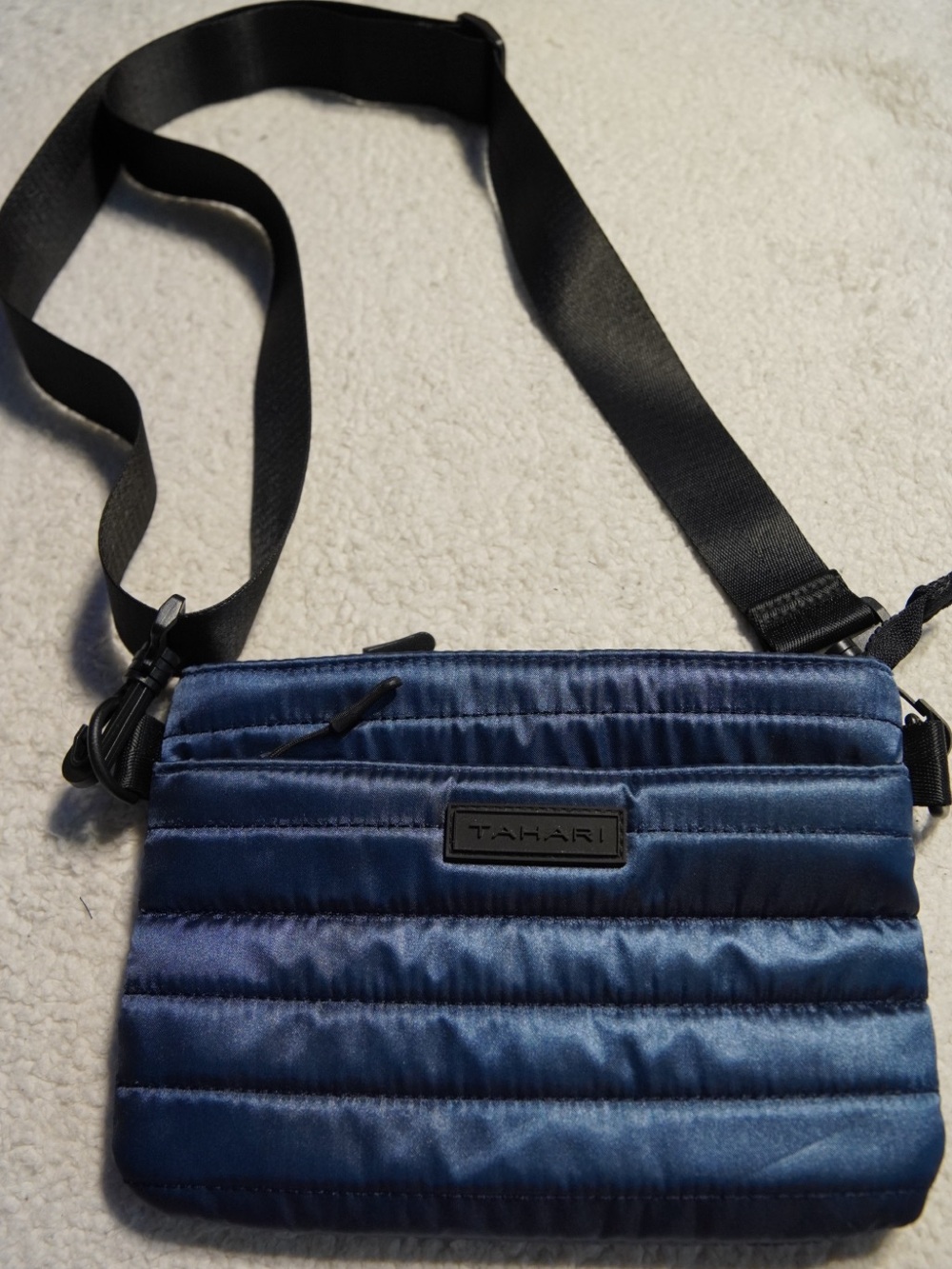 Tahari Navy Quilted Crossbody Belt Puffer Bag with Black Strap